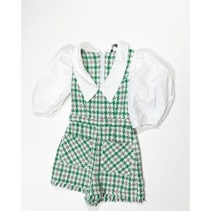 Zara Woven Textured Boucle Tweed Weave Mixed Media Puff Sleeve Romper Playsuit